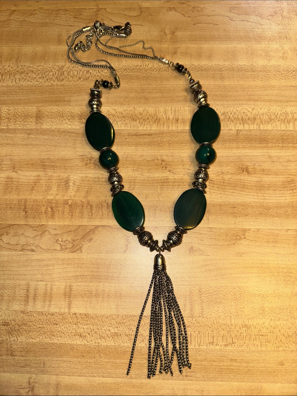 Chico's Green Bead Necklace withSilver-Tone Tassel